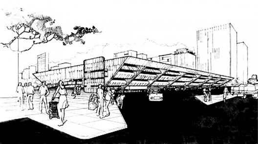 Concurso Nacional para o Mercado Público de Porto Alegre, projeto premiado, perspectiva, 1967, arquitetos Adilson Macedo, José Magalhães Jr. e Massimo Fiocchi