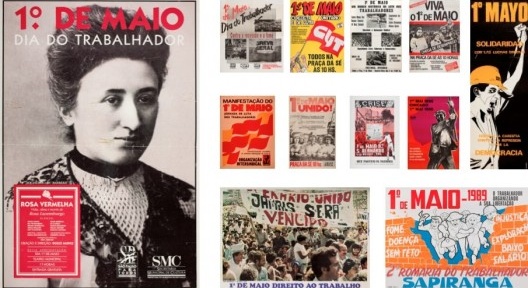 Museu do Trabalho e do Trabalhador, projeto museográfico, parede com reprodução de cartazes representativos do Brasil e do mundo