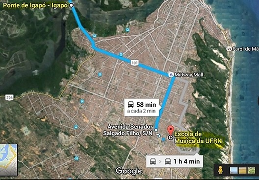 Trajeto Ponte de Igapó – Universidade Federal do Rio Grande do Norte