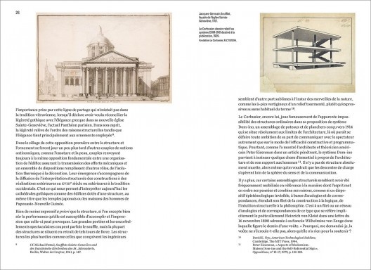 Páginas de livro, com dois projetos de épocas distintas: Jacques-Germain Soufflot, fachada da Igreja Sainte-Geneviève, 1757; Le Corbusier, desenho do sistema DOM-INO, 1929