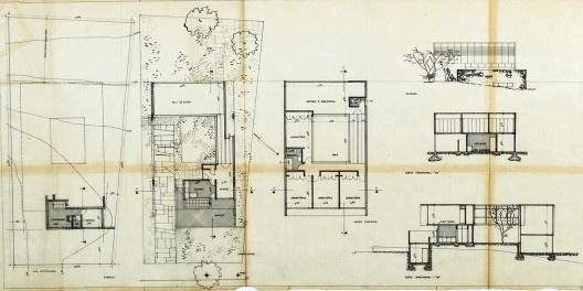 Casa José Mario Taques Bittencourt II, plantas embasamento, térreo e pavimento superior, elevação e cortes, São Paulo, 1959. Arquiteto Vilanova Artigas