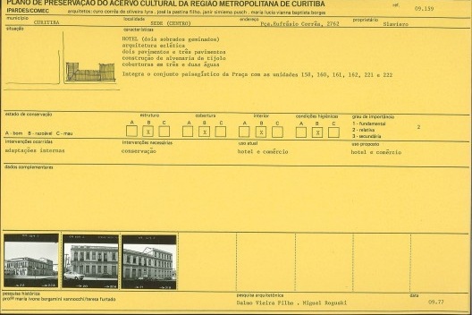 Ficha de Inventário do PPAC RMC/1977 relativa ao antigo Hotel Tassi, situado na praça Eufrásio Correa, 2762, no centro de Curitiba. É considerado pelo Ippuc como o 1° Levantamento