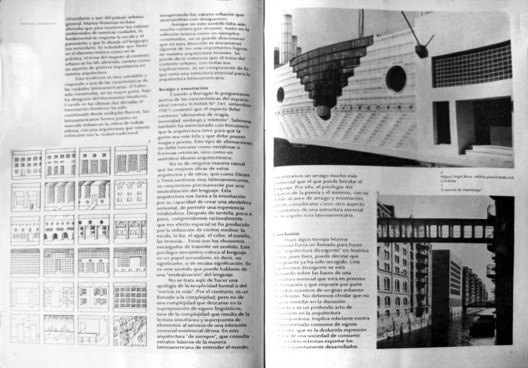 Publicação do texto Estructura Esencial y Estructura Contigente de Silvia Arango nos Cadernos Summarios, em 1990. Observar à esquerda a ilustração oriunda do livro Stadtraum de Rob Krier