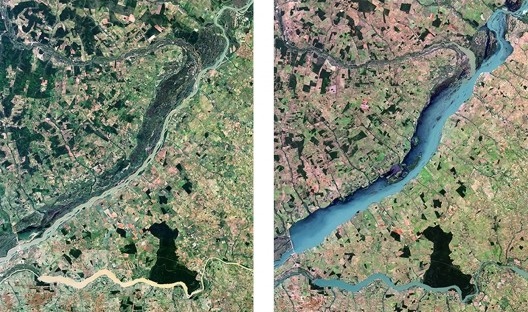 Comparativo do rio Paraná após a construção da barragem: à esquerda, 14 de março de 1997; à direita, 12 de maio de 2000