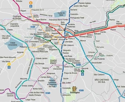 Parte do mapa oficial do Metrô de São Paulo. Em tracejado, futuras linhas