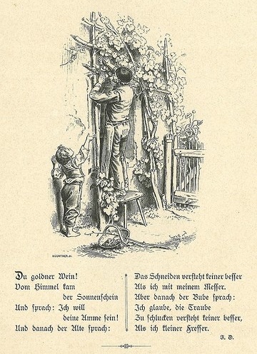 Colheita das uvas, desenho de Oskar Pletsch ilustrando poemas de Julius Lohmeyer e Padre Oldenburg, c.1880