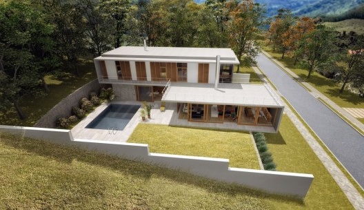 Edson Mahfuz, Casa PV_!, 2011. Dois prismas retangulares deslocados resolvem o programa convencional e definem as áreas externas da residência