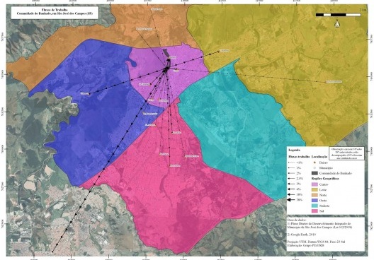 Urbanização do Banhado, mapa da relação do trabalho com a cidade, São José dos Campos SP, 2019. Coordenadores Jeferson Tavares e Marcel Fantin / PExURB IAU USP