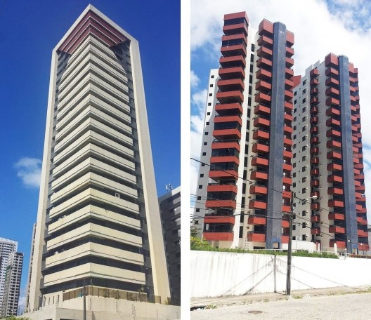 À esquerda, Pégasus em Manaíra, o primeiro edifício na cidade com mais de vinte pavimentos. À direita, edifício Trianon no Bairro Aeroclube. Ambos da década de 1990