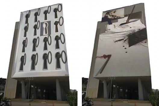 Montagem das projeções sobre da fachada do MAC USP, sede atual. Nelson Leirner, Você faz parte II, 1964; Sérgio Ferro, São Sebastião (Lamarca), 1971