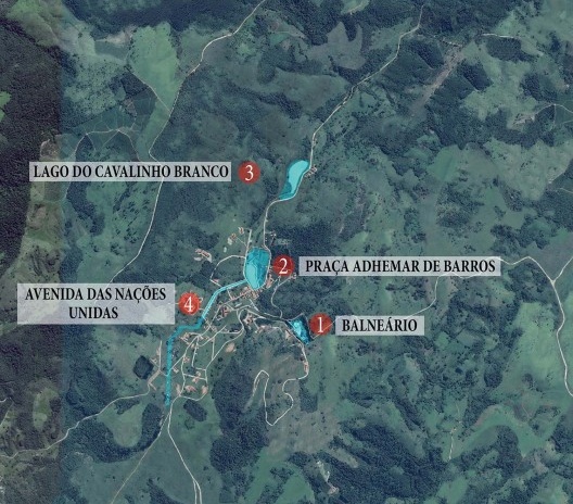 Ampliação da imagem aérea de Águas de Lindóia com a localização dos projetos responsáveis pela macrodrenagem. Edição realizada pelos autores