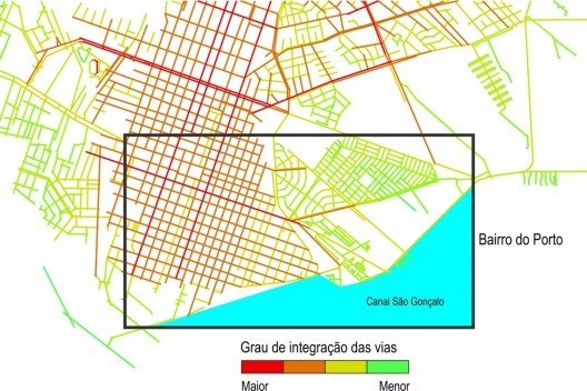 Mapa do grau de integração das ruas no bairro do Porto em Pelotas mostrando a similaridade entre as vias