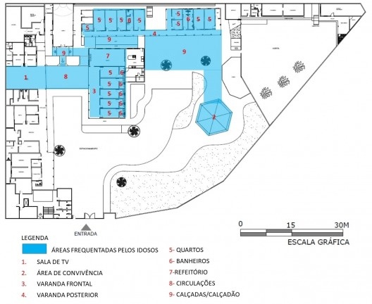 Casa para Velhice Luiza de Marillac, planta com indicação das áreas frequentadas pelos idosos