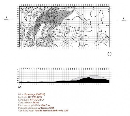Mina Esperança, topografia e planta de nível com mancha de ocupação das atividades extrativistas e corte territorial, Brumadinho MG. Arquitetos Lucas de Sousa, Mariana Alves Barbosa, Pedro Machado Meneghel, Renata Semin e Vitória Paulino
