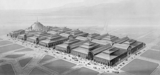 Vista aérea dos Pavilhões do Mercado Público de Les Halles de Paris, em 1863