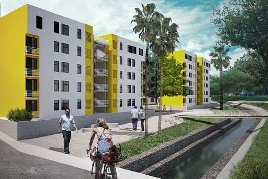 Reurbanização da favela do Sapé, perspectiva do conjunto F-02, Rio Pequeno, São Paulo, 2014. Base 3 Arquitetos, arquitetos Marina Grinover, Catherine Otondo e Jorge Pessoa