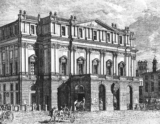 Teatro alla Scala, Milão, em gravura de Domenico Aspar, 1790