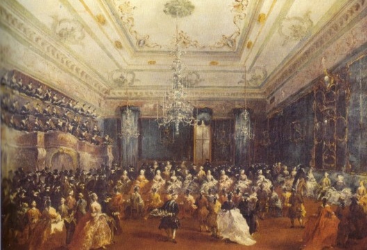 Francesco Guardi, \"Concerto di dame al casino dei Filarmonici\". Óleo sobre tela; 67,7 × 90,5 cm; Stara Pinakoteca, Munique