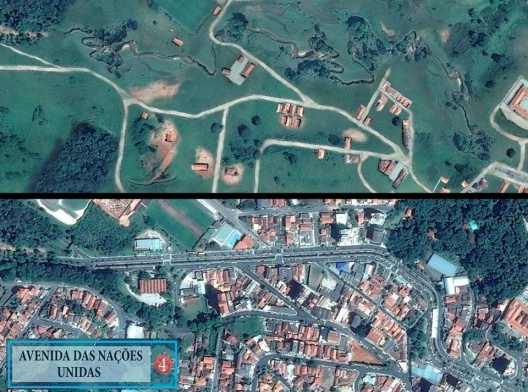 Imagem aérea aproximada para comparação da avenida em meados de 1950 à esquerda e no período atual à direita