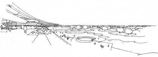 CAE. Perspectiva artística do parque visto do Centro Administrativo