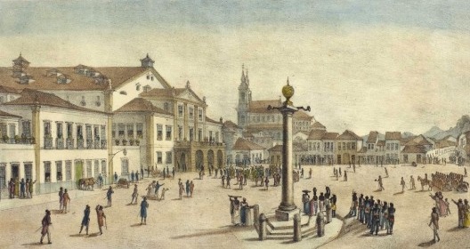 Vista do Rossio, atual Praça Tiradentes no Rio de Janeiro, com o pelourinho. Pintura de Jean-Baptiste Debret, 1834