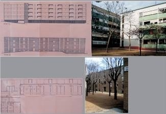 Bloco P. Detalhe do pátio entre blocos. Projeto de autoria dos arquitetos Manuel Baldrich, Antonio Bonet, Pedro López (LI), José Soteras (1957-1968)