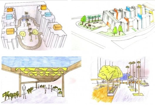 Desenho dos alunos de pérgola e praça externa para as áreas comuns no Conjunto Habitacional Heliópolis Gleba G, São Paulo, escritório Biselli & Katchborian Arquitetos, disciplina Projeto VI, Uninove