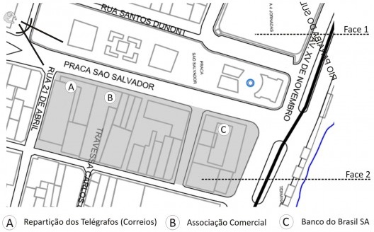 Mapa da região onde se insere a Praça São Salvador, destacando a posição, ângulo de tomada das fotos