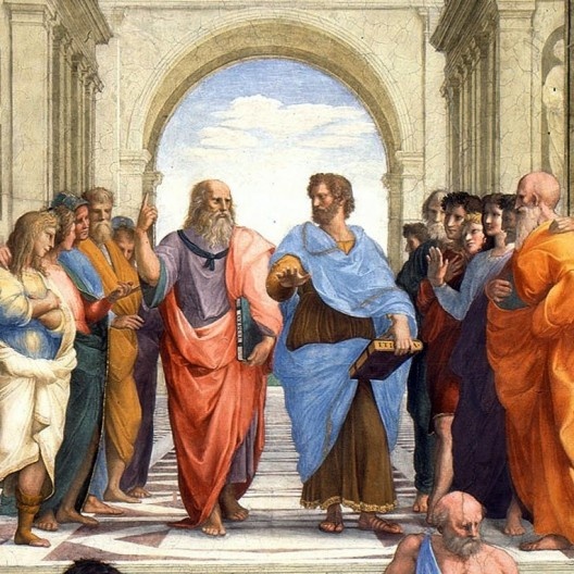 Platão e Aristóteles em detalhe da pintura Escola de Atenas, de Rafael Sanzio.