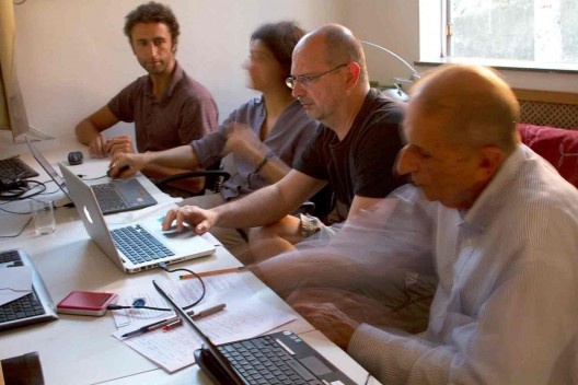 César Jordão, Ana Paula Koury, Abilio Guerra e Roberto Segre, reunião para edição do livro sobre Palácio Capanema, Niterói, 2012