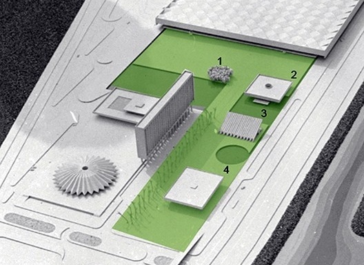 Parque Anhembi, maquete, arquitetos Jorge Wilheim, Miguel Juliano e Massimo Fiocchi, São Paulo, 1963-1972. Área verde: Praça em nível; 1) marco museu; 2) restaurante; 3) tribuna; 4) administração