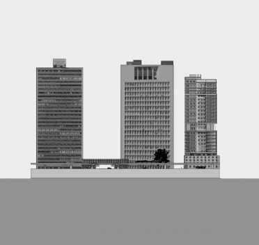 Av. Ipiranga e Arroio Dilúvio – Via Universitária, Perfis transversais e longitudinais da Via Universitária ilustrando proporção do gabarito da avenida com edifícios de até setenta metros de altura, Moacyr Moojen Marques e Sergio Moacir Marques.