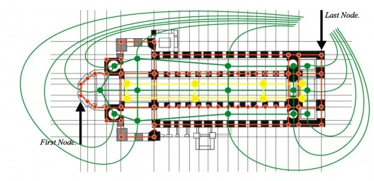 John Gero. Representação “classe dois” dos nós de uma grade (matriz) sobreposta à planta baixa de uma catedral românica de 1030 a.C.