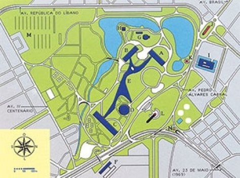 Mapa do Parque Ibirapuera, com desenho da marquise em azul escuro