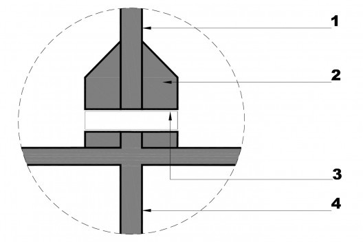 Detalhe do desviador: 1. septo; 2. desviador de concreto armado (reprotensão); 3. bainha metálica; 4. viga de suporte da laje sanfona