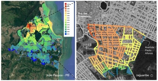 Mapa de expansão da cidade de João Pessoa, entre os anos de 1647 a 2021, e do bairro de Jaguaribe, entre os anos de 1889 a 2021
