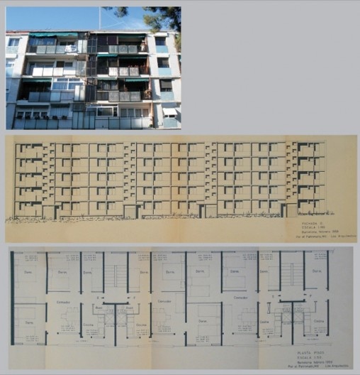 Detalhe da planta baixa e fachada principal do bloco H de autoria dos arquitetos L.Jara/ Marquina, 1959