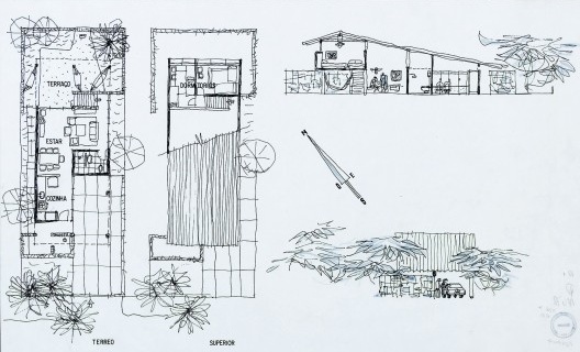 Casa Elza Bernardi, plantas térreo e pavimento superior, corte e elevação, Peruíbe, 1975. Arquiteto Vilanova Artigas