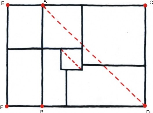 Proporção entre o quadrado ABCD e o núcleo de escadas Residência Frederico Assis