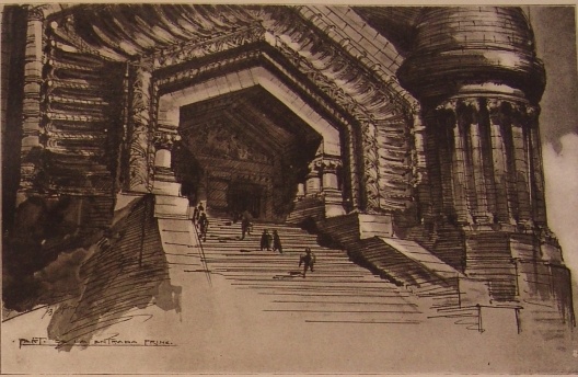 Portal de entrada do Templo votivo. Lâmina V. Biblioteca de la familia (Bares-Marletto) / PALANTI, Mario. Prima esposizione personale d´architettura nella repubblica Argentina. Milano, 1917