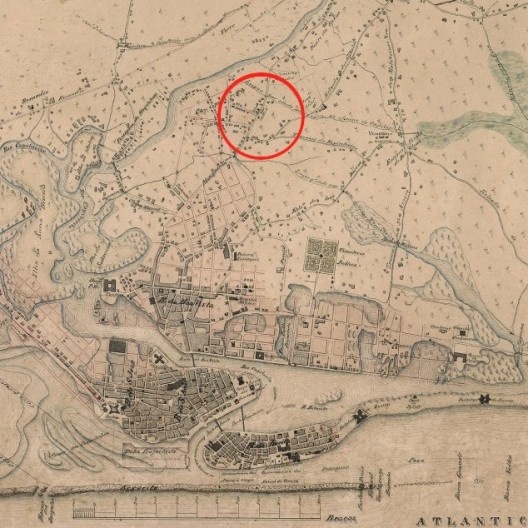 Planta da cidade do Recife, com destaque para localização do imóvel nos arrabaldes, de meados do século 19, detalhe