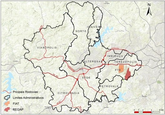Mapa de Betim com destaque para as regionais, FIAT, REGAP, Rodovias