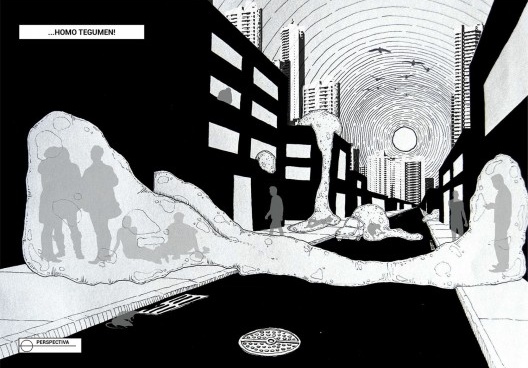 Ilustração de uma rua da cidade de Metus ocupada pelo Homo tegumen