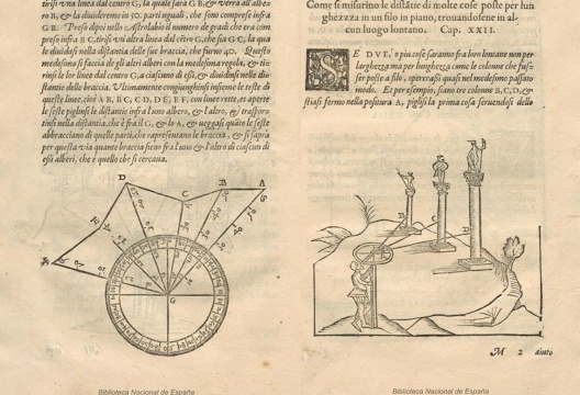 Representação do método de irradiação, descrito por Cosimo Bartolli no livro De modo di misurare le distantie. 1564, p. 102-103