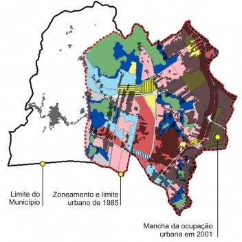 Fig. 4 – Discrepância entre o limite urbano definido pelo zoneamento do Plano Diretor de São José (SC) em 1985 e a ocupação urbana efetivamente ocorrida até 2001