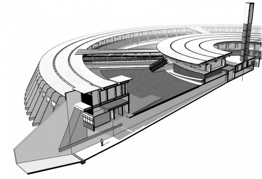 Seção em perspectiva do túnel de acesso ao pátio de serviço