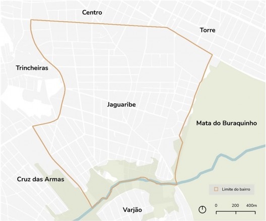 Mapa de localização dos bairros que margeiam o bairro de Jaguaribe