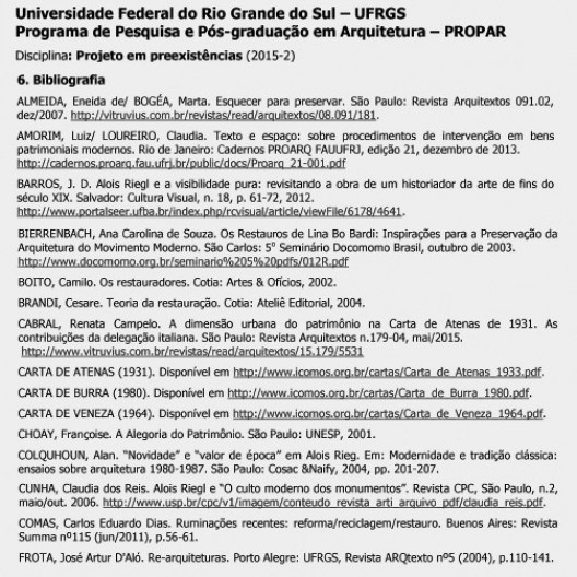 Início da bibliografia da disciplina de pós-graduação “Projeto em preexistências” no Propar UFRGS