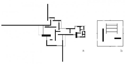 Plantas baixas esquemáticas. Projetos de L. Mies van der Rohe; a: Casa de Campo de Tijolos, 1924. b: Casa Núcleo, 1951-1952