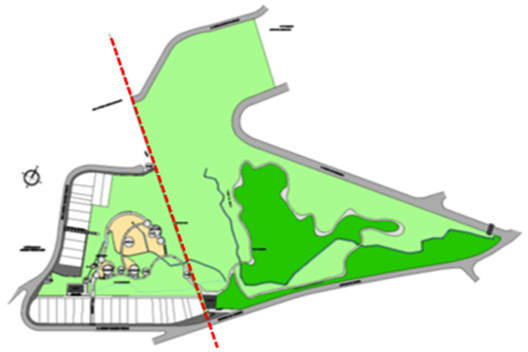 Implantação do Parque Jardim Herculano, com ocupação apenas no centro destacado na cor ocre, com área fechada ao acesso público à direita da linha vermelha pontilhada na implantação